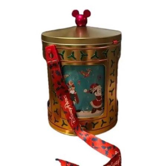 Disney Christmas Gold Tin with Red Mickey Topper (Plays Music!) - Picture 2 of 2